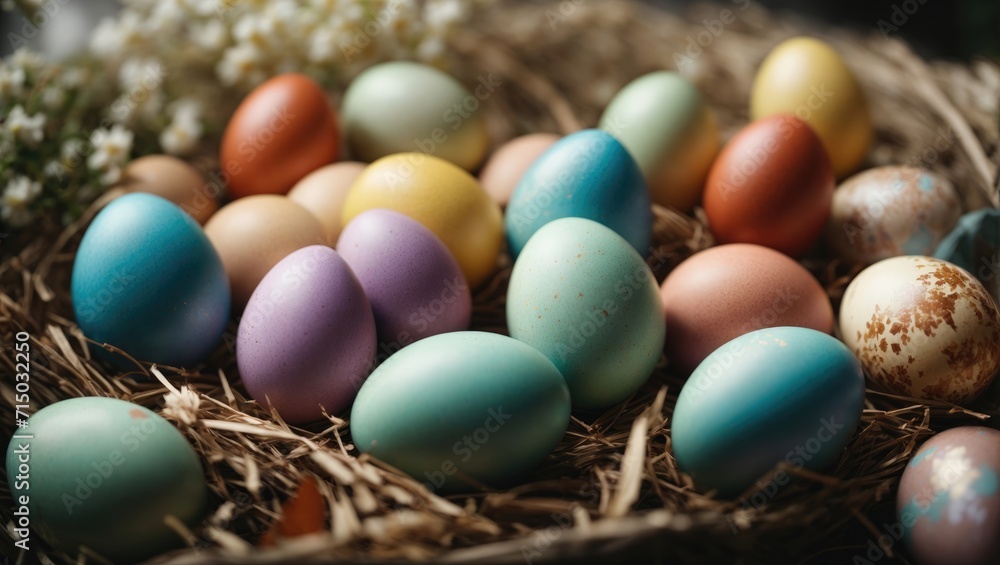 Colorful easter eggs in nest on rustic background, vintage toned Colorful easter eggs in nest on rustic background, vintage toned