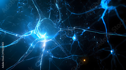 Artistic blue colored neuron cell in the brain on black abstract illustration background.