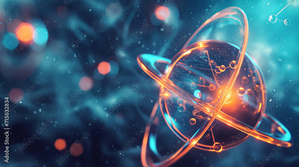 An artistic interpretation of an atom with orbiting electrons, atoms and molecules, dynamic and dramatic compositions, with copy space - obrazy, fototapety, plakaty 