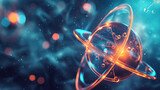 An artistic interpretation of an atom with orbiting electrons, atoms and molecules, dynamic and dramatic compositions, with copy space