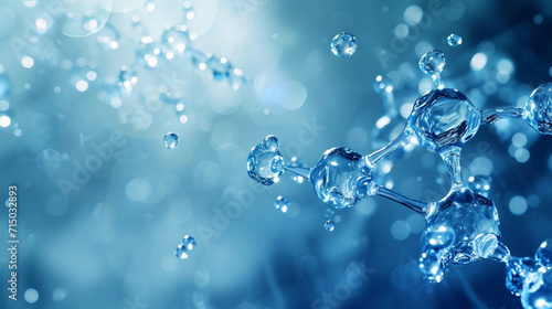 Water molecules depicted with a cool, blue tone and light effects, atoms and molecules, dynamic and dramatic compositions, with copy space