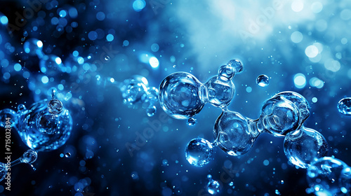 Water molecules depicted with a cool, blue tone and light effects, atoms and molecules, dynamic and dramatic compositions, with copy space