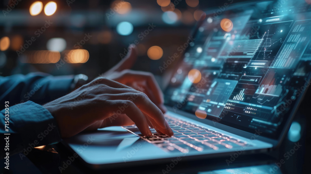 Close-up of a person's hands typing on a laptop keyboard, with the screen displaying futuristic digital data graphics Close-up of a person's hands typing on a laptop keyboard, with the screen displaying futuristic digital data graphics