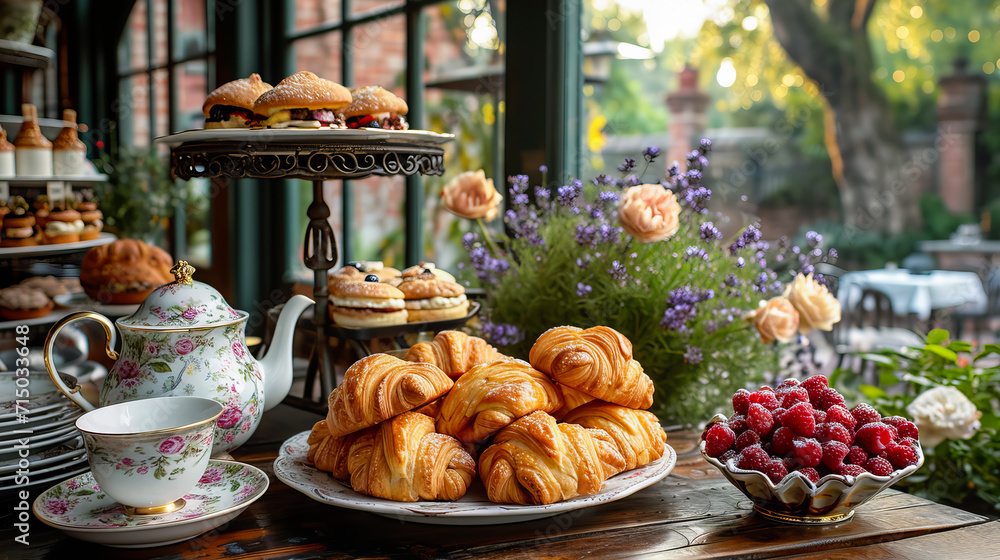 Breakfast in Bloom. Croissant, Cake, and Flowers