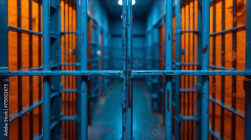 Vászonkép Symmetrical view of prison jail cells with iron bars and blue lighting