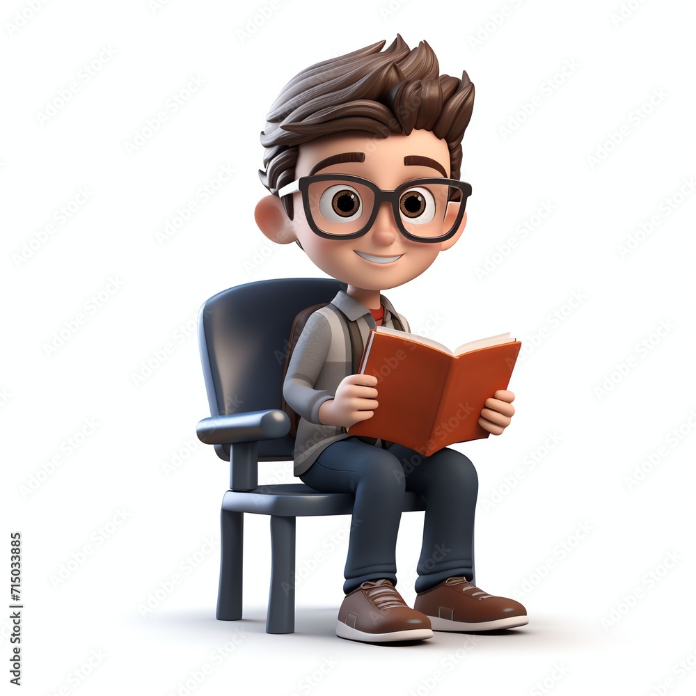 3D Cartoon Boy studying Wearing Glasses sitting on a school chair on a white background 3D Cartoon Boy studying Wearing Glasses sitting on a school chair on a white background