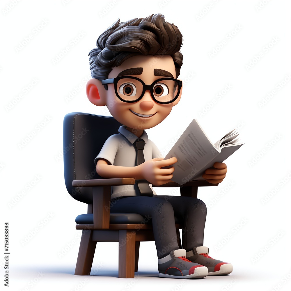 3D Cartoon Boy studying Wearing Glasses sitting on a school chair on a white background 3D Cartoon Boy studying Wearing Glasses sitting on a school chair on a white background