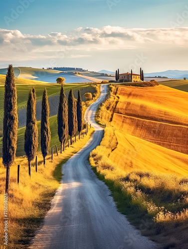 Kurvige Landstrasse durch eine h  gelige Landschaft in der Toskana  Italien  Europa  Generative AI