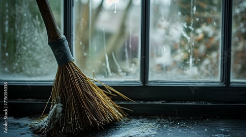 Broom for cleaning near a winter glazed wooden window with snow photo