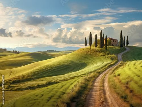Kurvige Landstrasse durch eine hügelige Landschaft in der Toskana, Italien, Europa, Generative AI