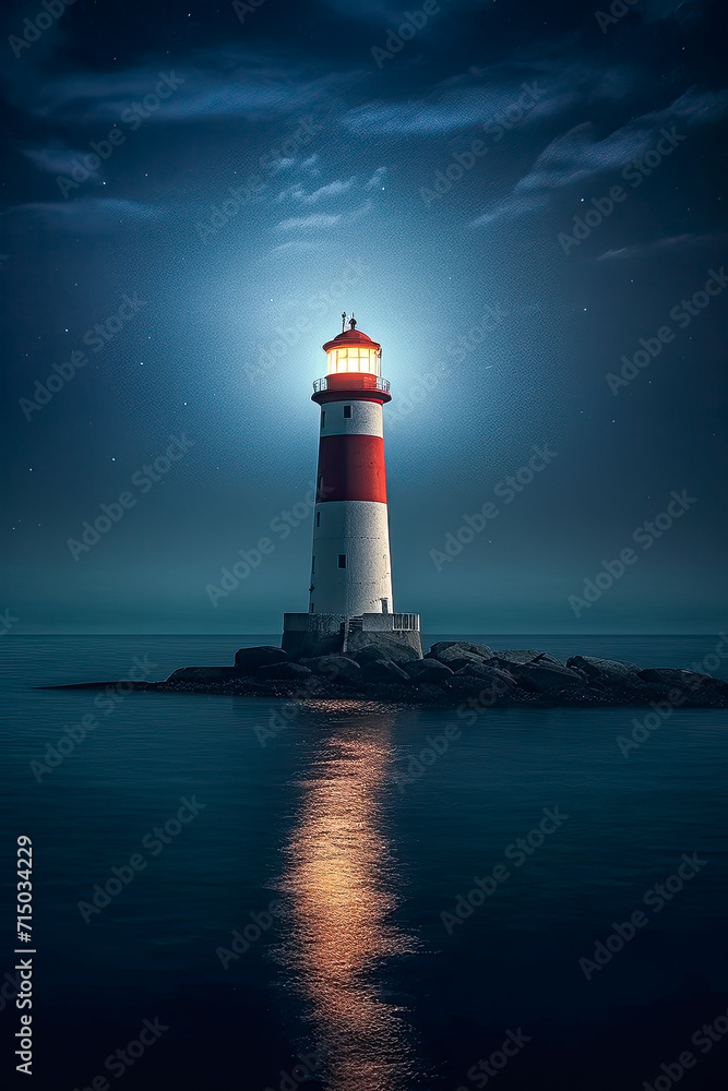 Leuchtturm bei Nacht am Meer, Generative AI