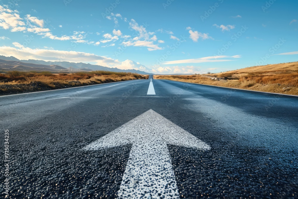 Naklejka premium An Asphalt Road Stretches into the Distance with a Painted White Arrow Pointing Forward, Symbolizing Motivation, Progress