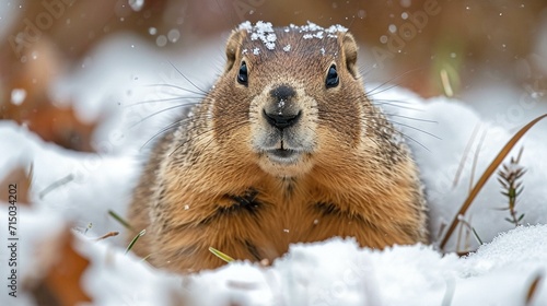 Groundhog poking its head out of the ground, surrounded by winter snow. [Groundhog in winter scene © Julia