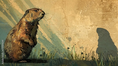 Groundhog Day banner featuring an artistic illustration of a groundhog and a shadow. [Groundhog Day banner illustration photo