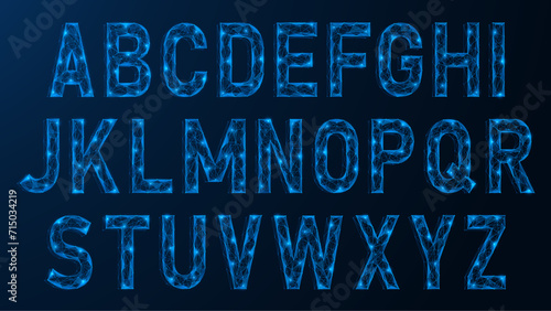 Digital letters of the alphabet. Polygonal design of lines and dots. Blue background.