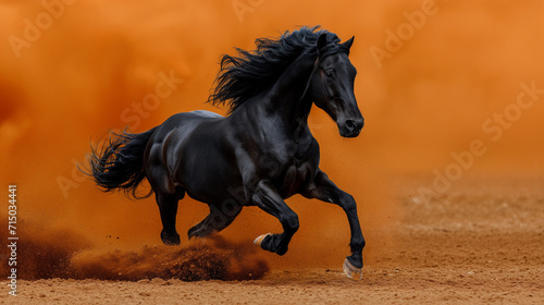 Landscape of a black horse running along © Amir