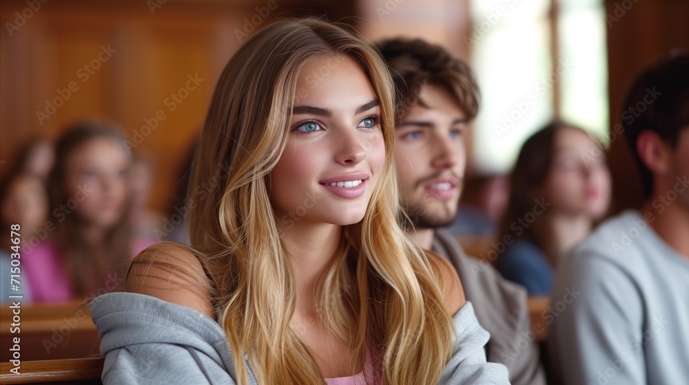 Inspired young woman in lecture hall with peers Inspired young woman in lecture hall with peers