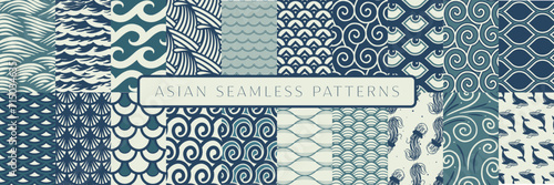 Asian seamless patterns collection, set, pack, traditional, oriental, wave, sea, water, japanese design