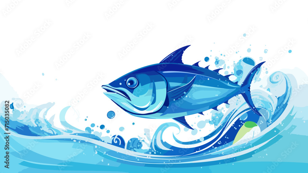 copy space, flat vector illustration, World tuna day, color illustration with the image of fish on waves in the water. Illustration for awareness of overfishing tuna and tuna-like species.