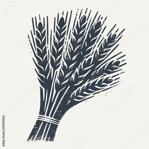 Bundle of wheat ears. Vintage block print style grunge effect vector illustration. Black and white.