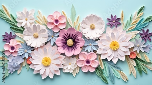 Bouquet of pastel colors flowers in paper quilling art technique.  photo