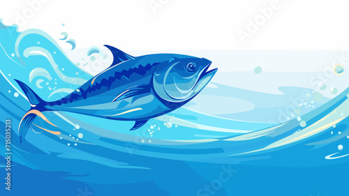 copy space, flat vector illustration, World tuna day, color illustration with the image of fish on waves in the water. Illustration for awareness of overfishing tuna and tuna-like species.