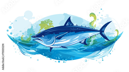 copy space, flat vector illustration, World tuna day, color illustration with the image of fish on waves in the water. Illustration for awareness of overfishing tuna and tuna-like species.