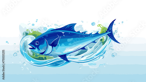 copy space, flat vector illustration, World tuna day, color illustration with the image of fish on waves in the water. Illustration for awareness of overfishing tuna and tuna-like species.