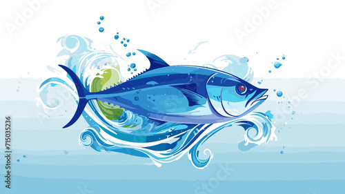 copy space, flat vector illustration, World tuna day, color illustration with the image of fish on waves in the water. Illustration for awareness of overfishing tuna and tuna-like species.