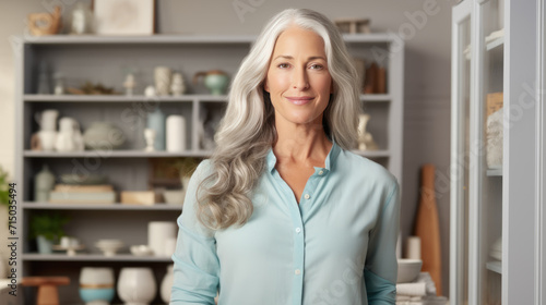 Smiling woman with grey hair standing in a cozy, well-organized kitchenware shop