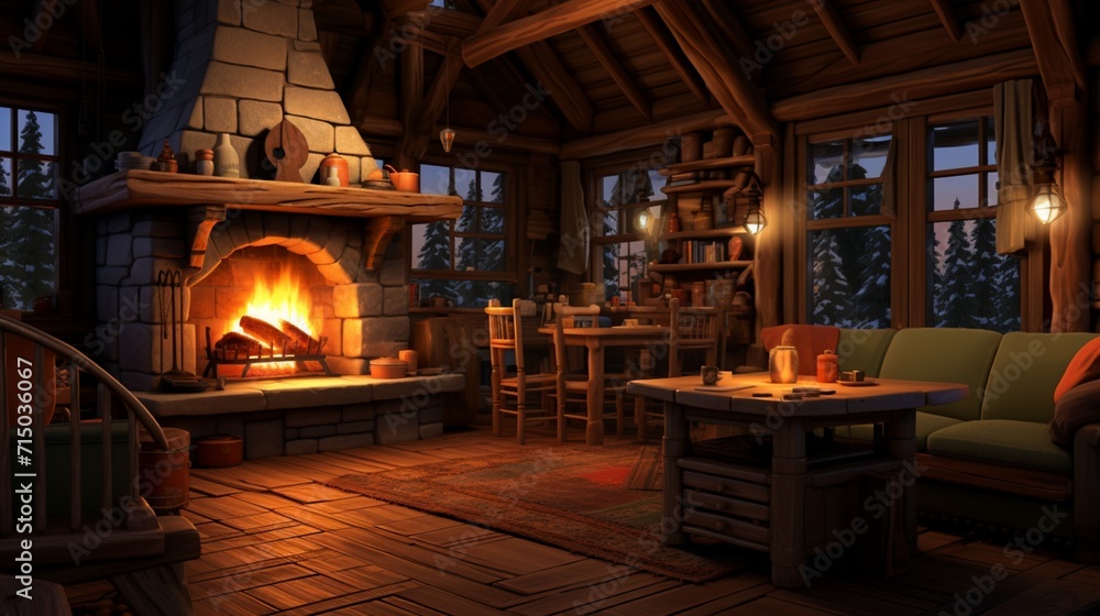 Inviting Atmosphere: Warm and Cozy Cabin Interior with a Crackling Fireplace - AI-Generative Inviting Atmosphere: Warm and Cozy Cabin Interior with a Crackling Fireplace - AI-Generative