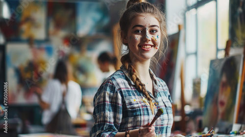 Joyful young artist with paint on her face and clothes is standing in a colorful art studio filled with paintings. photo
