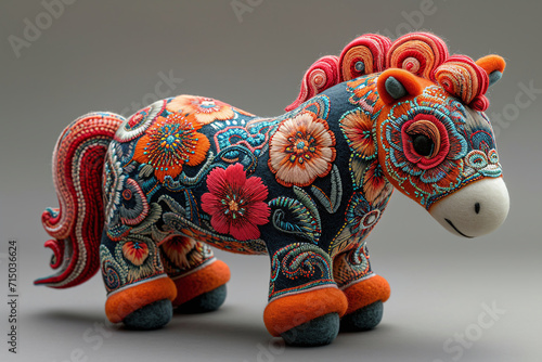 Soft plush felt Chinese horse symbol of the year, colorful embroidery, intricate lines, handcraft with rich embroidered embroidery