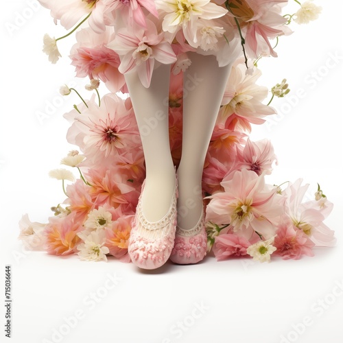 The concept of the arrival of spring. Spring comes gently to the ballerina s feet and brings flowering. Isolated on white background.