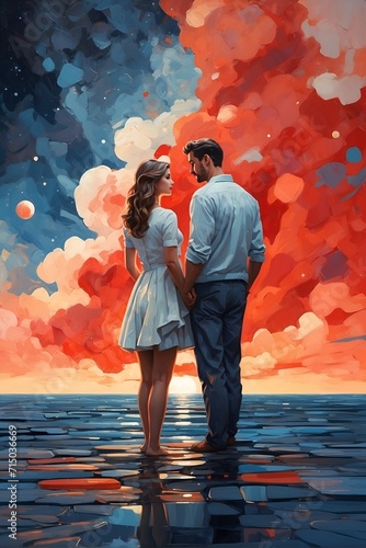 Man and Woman Standing in Water, Gazing at Each Other. Generative AI.