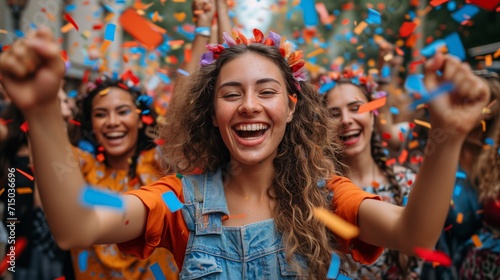 Joyful young women celebrating with confetti at outdoor party
