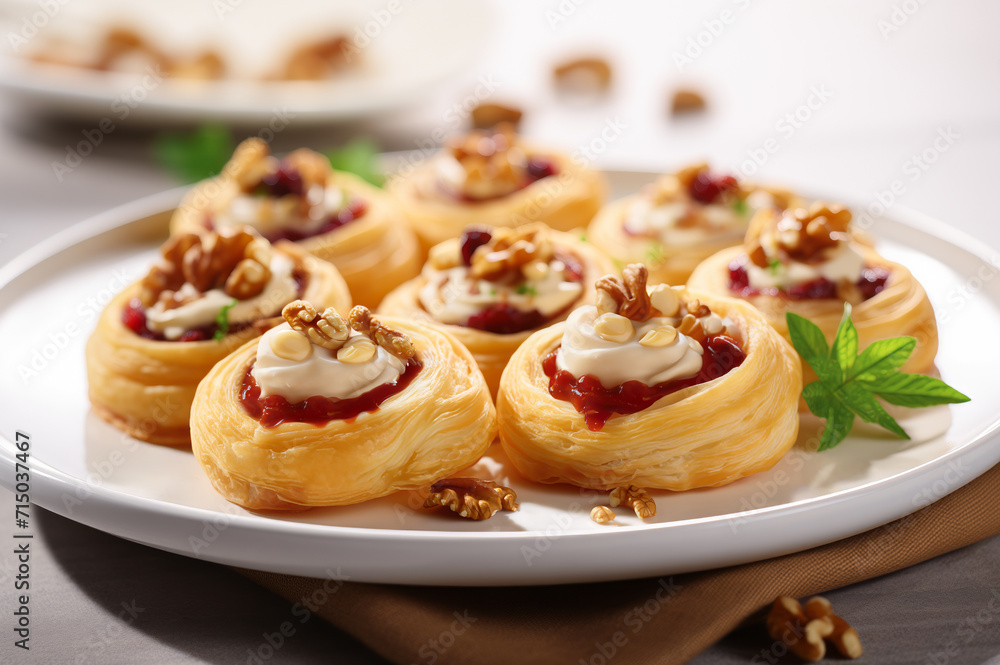 Cream Cheese Pastries with nuts and Cranberry jam on a plate. Horizontal, close-up, side view.