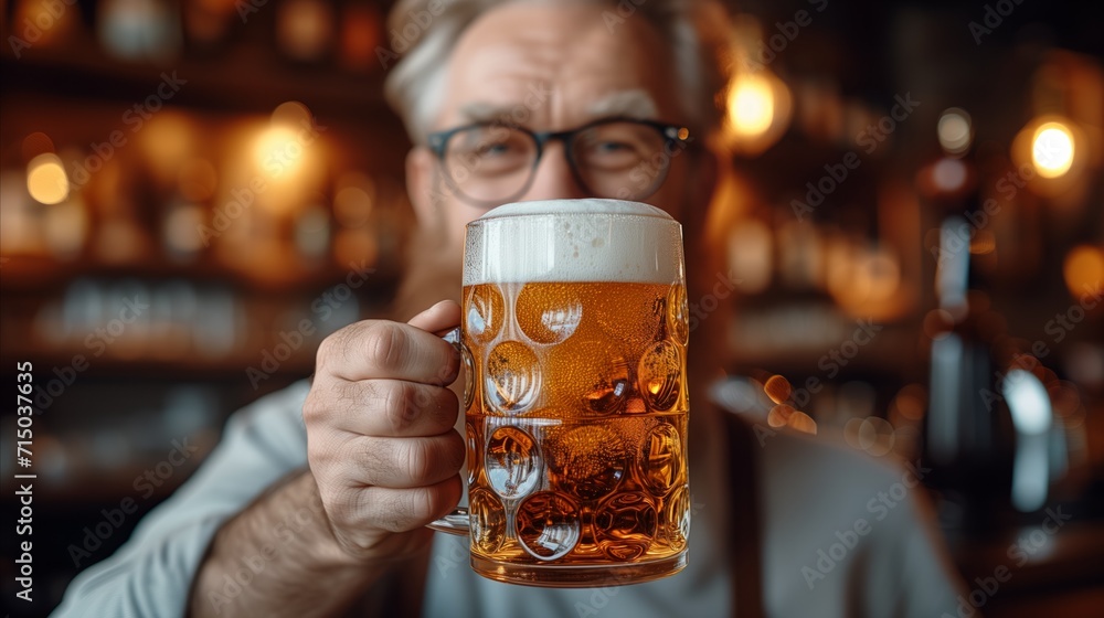 Senior man with glasses cheerfully holding a beer mug in a pub