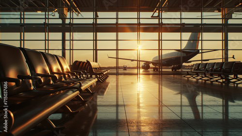 An airplane viewed head-on through the large windows of an airport terminal at sunrise or sunset