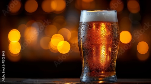 Close-up of cold craft beer glass with condensation over blurred lights background