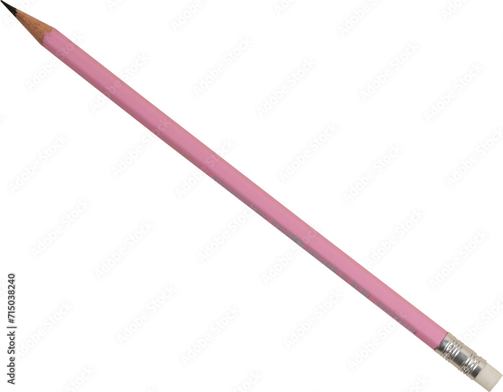 Pencil wooden with eraser pink isolated transparent. Top view.