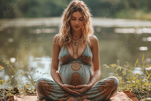 pregnant woman doing yoga and meditating in nature