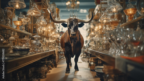 Very Large Bull with Horns in a China Shop Filled with Glassware. Generative AI.