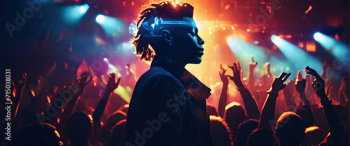The Portrait in a silhouette double exposure. The Concert, a musician, is shown with intense color contrast, their face illuminated by vibrant stage lights, and their silhouette blending into a crowd  © HumblePride