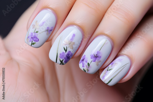 Woman's fingernails with purple flower nail art design