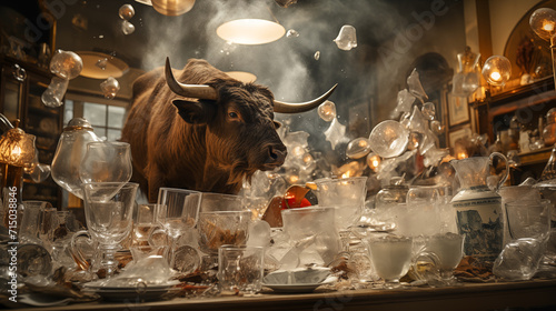 Very Large Bull with Horns Running Through a China Shop Filled with Glassware. Generative AI.