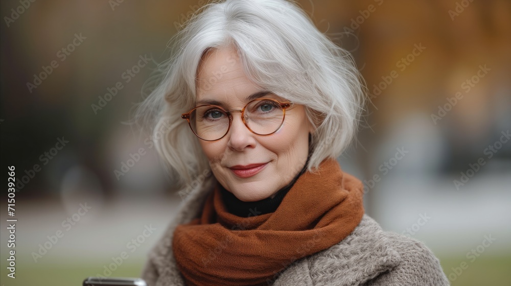Elegant mature woman with grey hair and glasses outdoors Elegant mature woman with grey hair and glasses outdoors