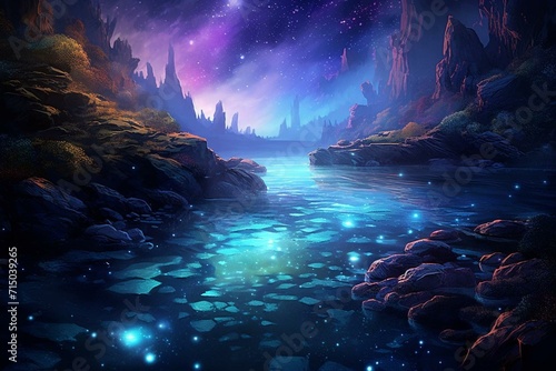 Enchanting nocturnal river with luminous blue water, purple particles, starlit sky, and moon – a captivating digital artwork. Generative AI