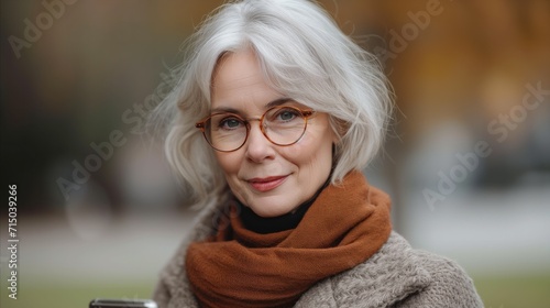 Elegant mature woman with grey hair and glasses outdoors