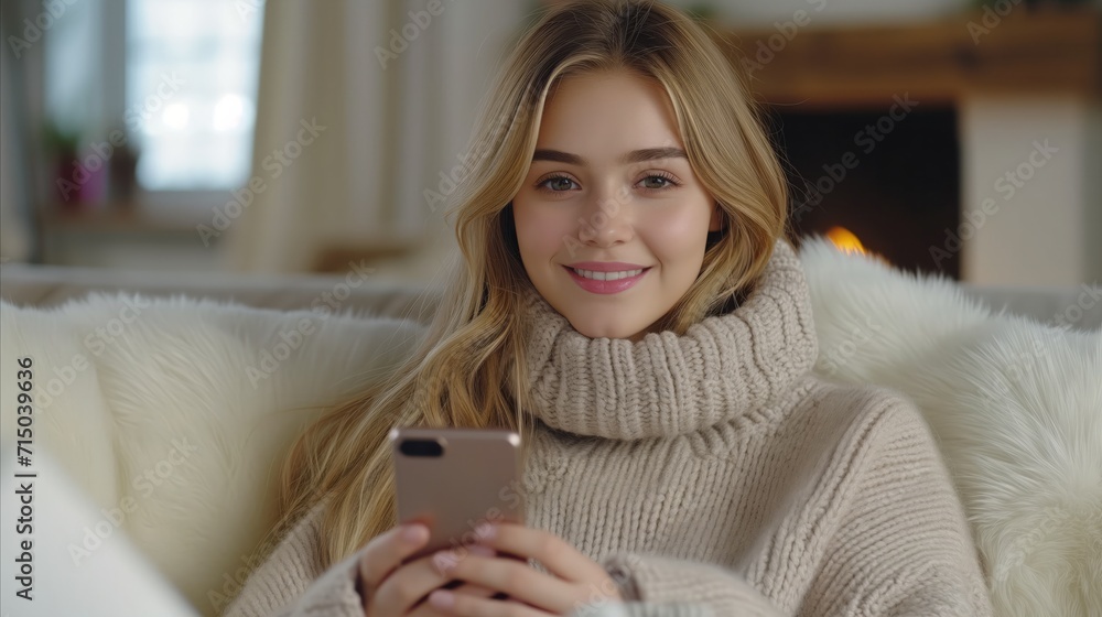 Smiling young woman in cozy sweater using smartphone indoors Smiling young woman in cozy sweater using smartphone indoors